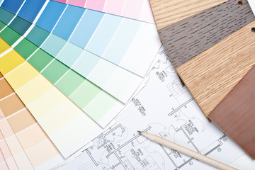 Color guide, material samples and blueprint