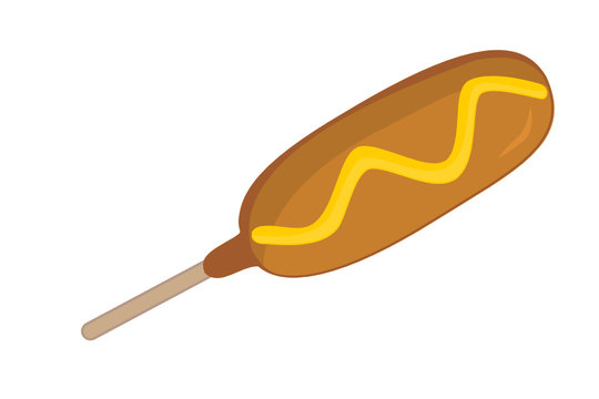 A corn dog on a stick with mustard