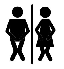 funny male and female bathroom sign with dividing line