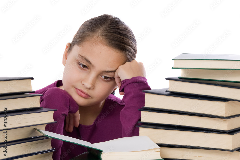 Sticker Adorable girl concentrated with many books