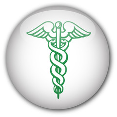 White button with caduceus symbol