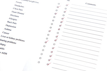 A completed health questionnaire. Cancer Ticked