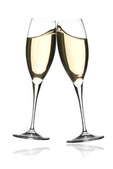 Toast whith two glasses of champagne, against a white background