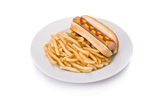 Fast food meal with Hotdog and French fries in a dish