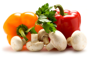 Aromatic herbs, peppers and mushrooms.
