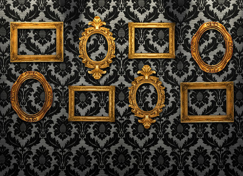 Gold frames, retro wallpaper, spotlights from above