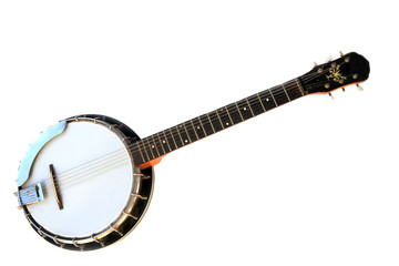 Musical instrument banjo isolated on a white background. - obrazy, fototapety, plakaty
