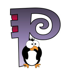 Alphabet - Letter P - With Penguin toon - Isolated On White