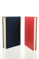 closed red and blue books standing on reflecting white
