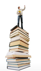 young guy is on a pile of books and specifies a finger upwards t - obrazy, fototapety, plakaty