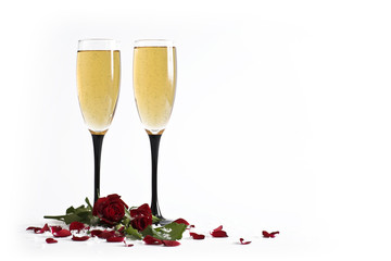 red roses with snow and two champagne for celebration special ev