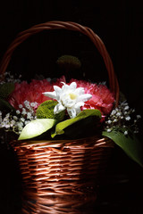 Fototapeta na wymiar Nice background with basket various flowers and leaves