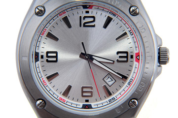 Man's wrist watch closeup isolated on white