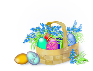 Easter eggs and spring flowers on a white background