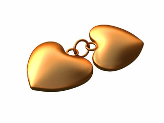 Two gold medallions in the form of heart on a white background