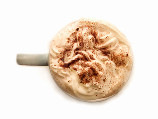 Top View of Warm chocolate  drink in cup on white