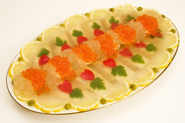 Fish jellied with red caviar.