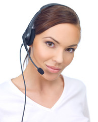 Beautiful girl is using headset, isolated on white