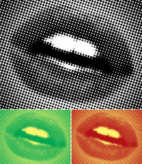 Halftone lips, in pop-art poster colours.