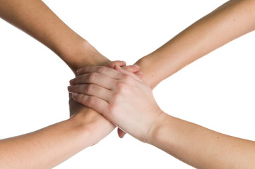 4 hands isolated on white background