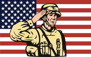 Papier Peint photo Lavable Militaire Soldat américain saluant avec le drapeau