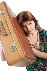 Girl holding old-styled suitcase
