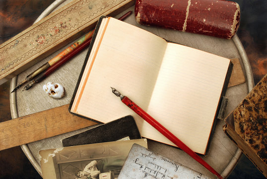 Vintage writing objects with blank pages