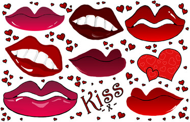 Romantic Lips , Hearts & Kisses Isolated Cartoon Set