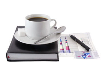 Coffee, standing on organizer, and  diagrams .Isolated.