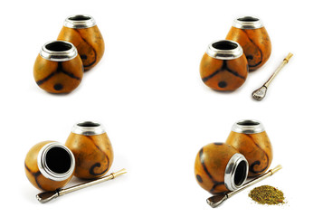 Yerba mate gourds isolated on white. Set of 4 pictures.