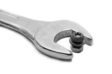 Wrong tool: big wrench with little nut. Incompetence concept.