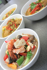 asia food, seafood chap chai and curry at background