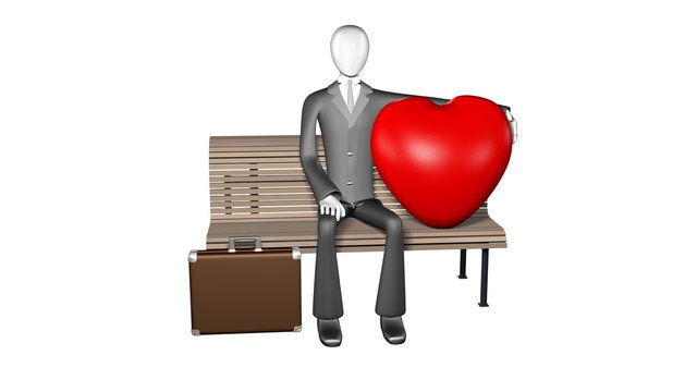 3d illustration businessman sitting alone bench with huge heart