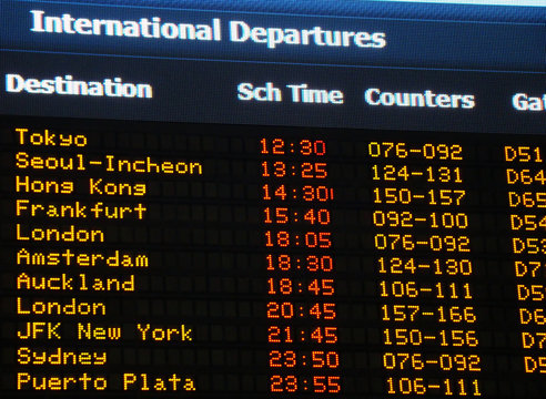 Airport information board, international departures.