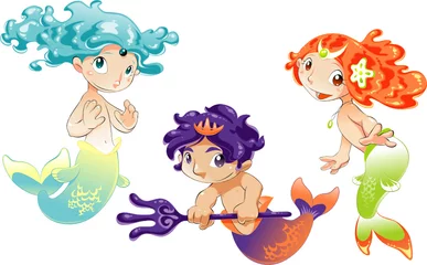Fototapete Meerjungfrau Zwei Baby-Sirenen und ein Baby-Triton