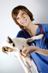 nurse or doctor holding a dog on a white blackground