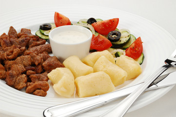 Grilled meat, dumplings and vegetable salad
