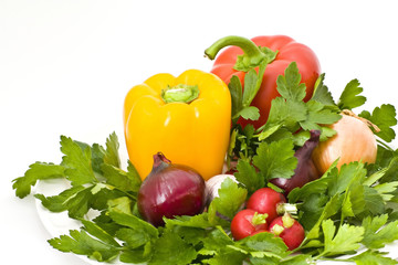 Fototapeta na wymiar pepper, onion, radish and parsley