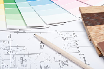 Color guide, material samples and blueprint
