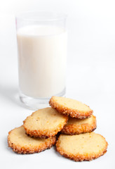 milk and cookies on white background