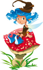 Fairy is sat on a mushroom