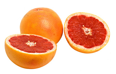 Close up of grapefruit and its sections isolated on white backgr