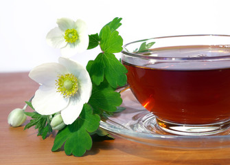 Bouquet of spring flowers and tea