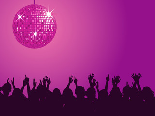 Fototapeta na wymiar Purple disco ball and crowd
