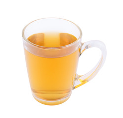 Glass cup of tea on white
