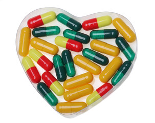 Pills on a white background..