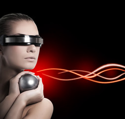 Beautiful cyber woman isolated over abstract background