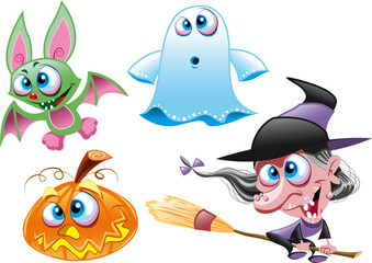 Fototapeta premium Vector Characters - Halloween - Witch, Ghost, Bat, Pumpkin
