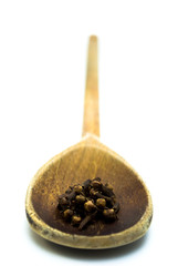 Cloves on a wooden spoon. Narrow dof.