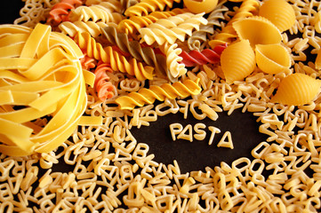 Various kinds of pasta. Italian food background.